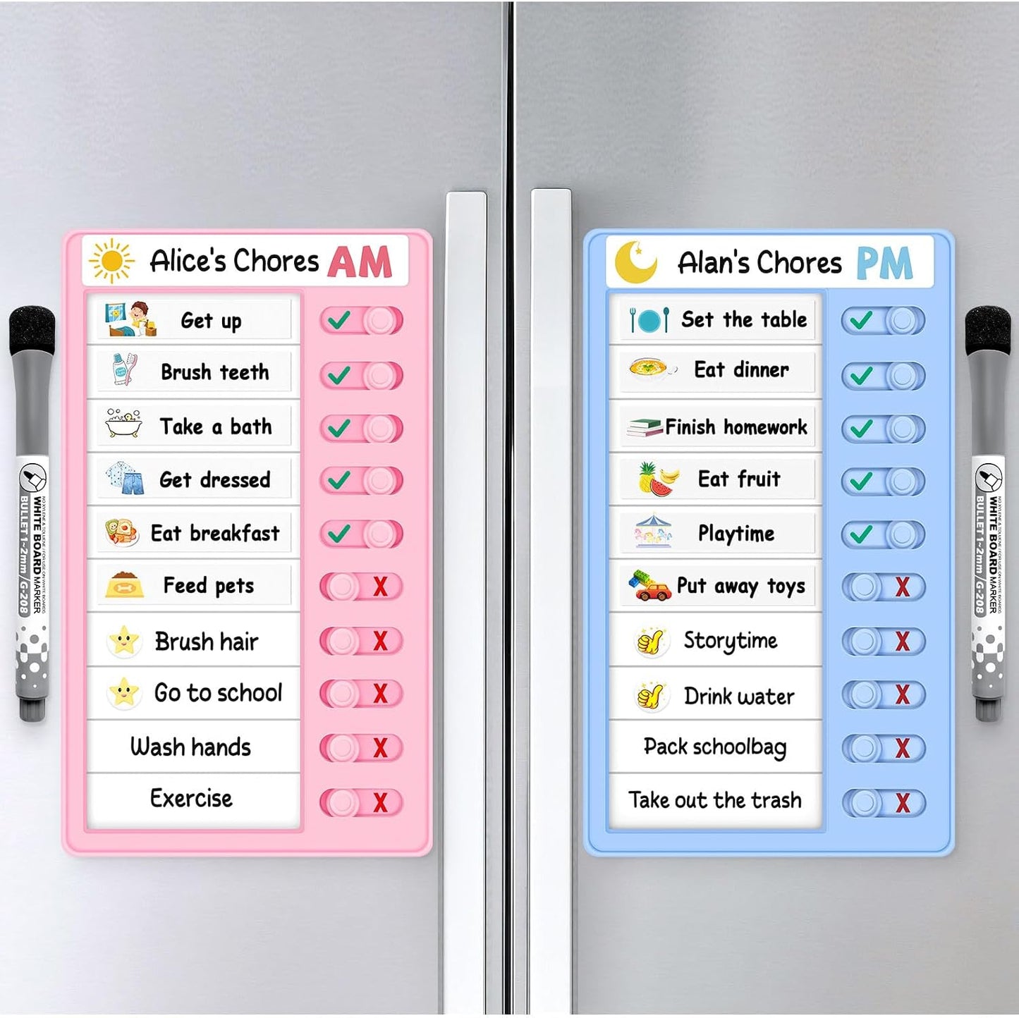 2 Pcs Chore Chart for Kids, Morning/Bedtime Routine Chart, Dry Erase to Do List, Magnetic Checklist, Visual Schedule for Kids (bluepink)