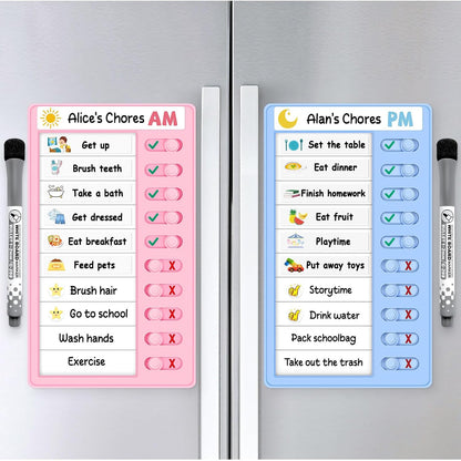 2 Pcs Chore Chart for Kids, Morning/Bedtime Routine Chart, Dry Erase to Do List, Magnetic Checklist, Visual Schedule for Kids (bluepink)