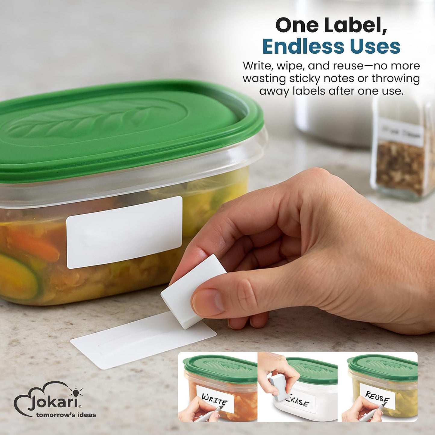 Jokari Label Once Erasable Food Labels with Marker and Eraser Reusable | Kitchen Storage Freezer Dishwasher, Microwave Safe 70 Pack, Includes Marker and Eraser, Labels for Any Task