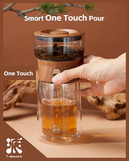 ZENS Glass Infuser Teapot, One Touch Tea Maker for Loose Leaf Tea, Walnut