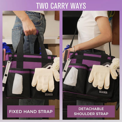 SCAVATA Compact Wearable Cleaning Caddy with Handle & Shoulder Straps | Small Cleaning Supplies Organizer, Under Sink & Car Cleaning Tools Storage Bag for Housekeepers Cleaners, Black