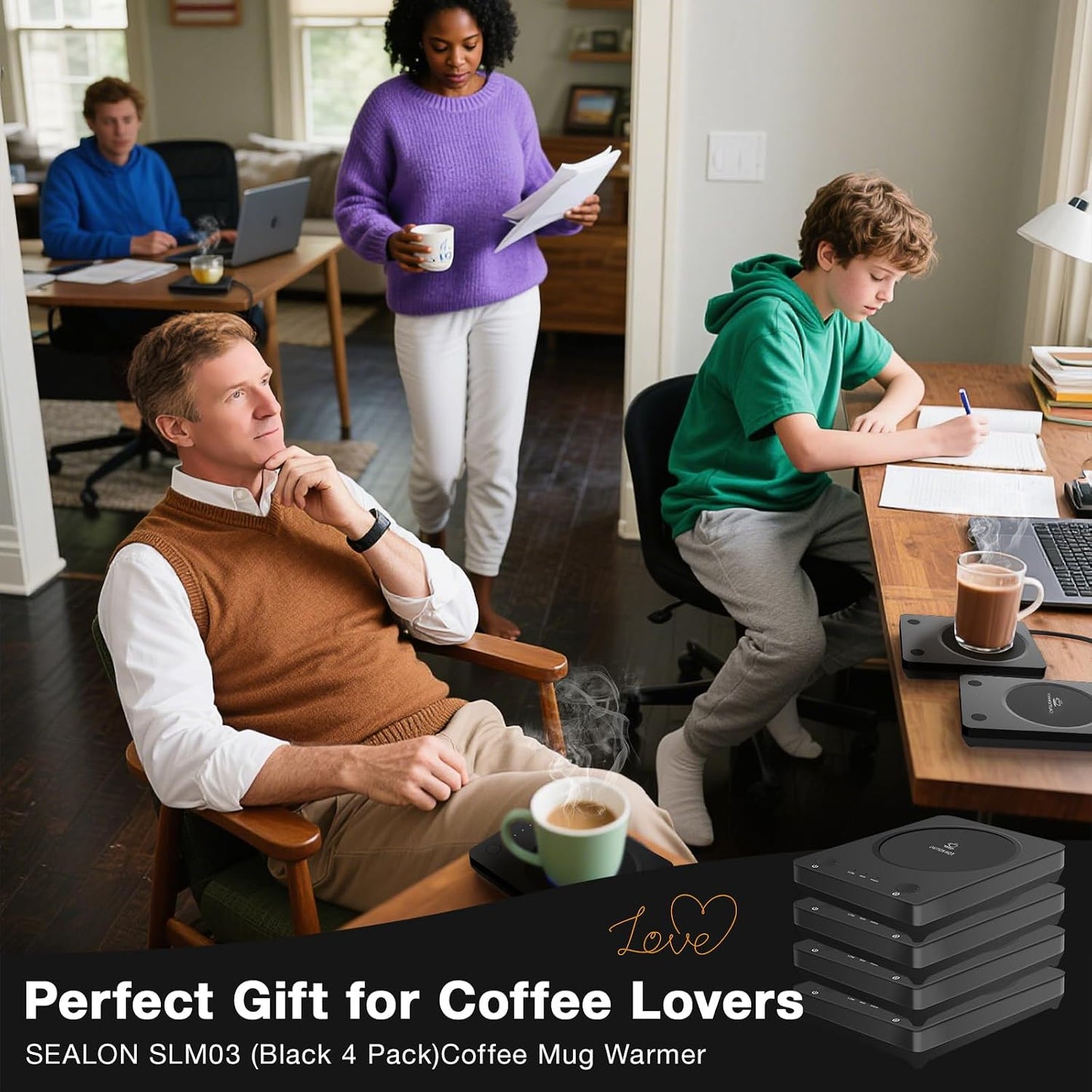SEALON SLM03 Electric Coffee Mug Warmer - 3-Temperature Desk Cup Warmer with Auto Shut-Off (4 Hours) for Heating Coffee, Tea, Milk & Beverages