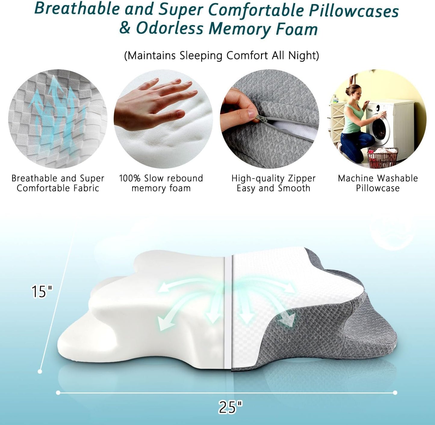 CHxxy Memory Foam Pillows, Cervical Pillow for Neck & Shoulder Pain Relief | Ergonomic Contour Bed Pillow, Soft for Side Sleep Stomach Sleeping and Back Sleeper-Queen Size&Grey