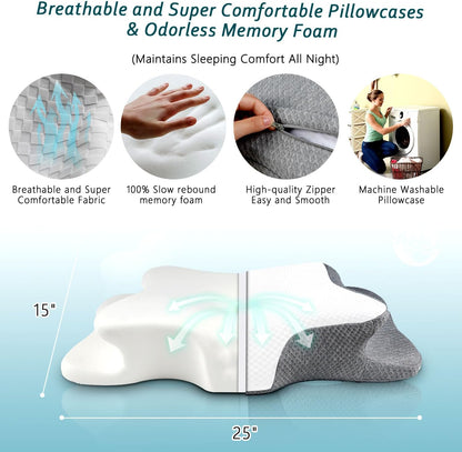 CHxxy Memory Foam Pillows, Cervical Pillow for Neck & Shoulder Pain Relief | Ergonomic Contour Bed Pillow, Soft for Side Sleep Stomach Sleeping and Back Sleeper-Queen Size&Grey