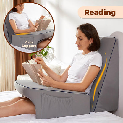 cooloo8 Reading Pillow with Armrests – Extra Large Memory Foam Gaming Pillow for Adult, Lap Desk for Laptop, Arm Rest for Working, Crocheting, Playing Game or Siting in Bed, Floor, Sofa, (Grey)