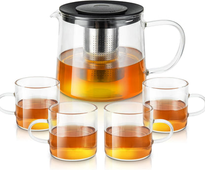 Glass Teapot 34oz/1000ml with Removable Stainless Steel Infuser Tea pot, Heatproof Borosilicate Glass Tea Make, Stovetop Safe Glass Tea Kettle for Loose and Blooming Leaf Tea