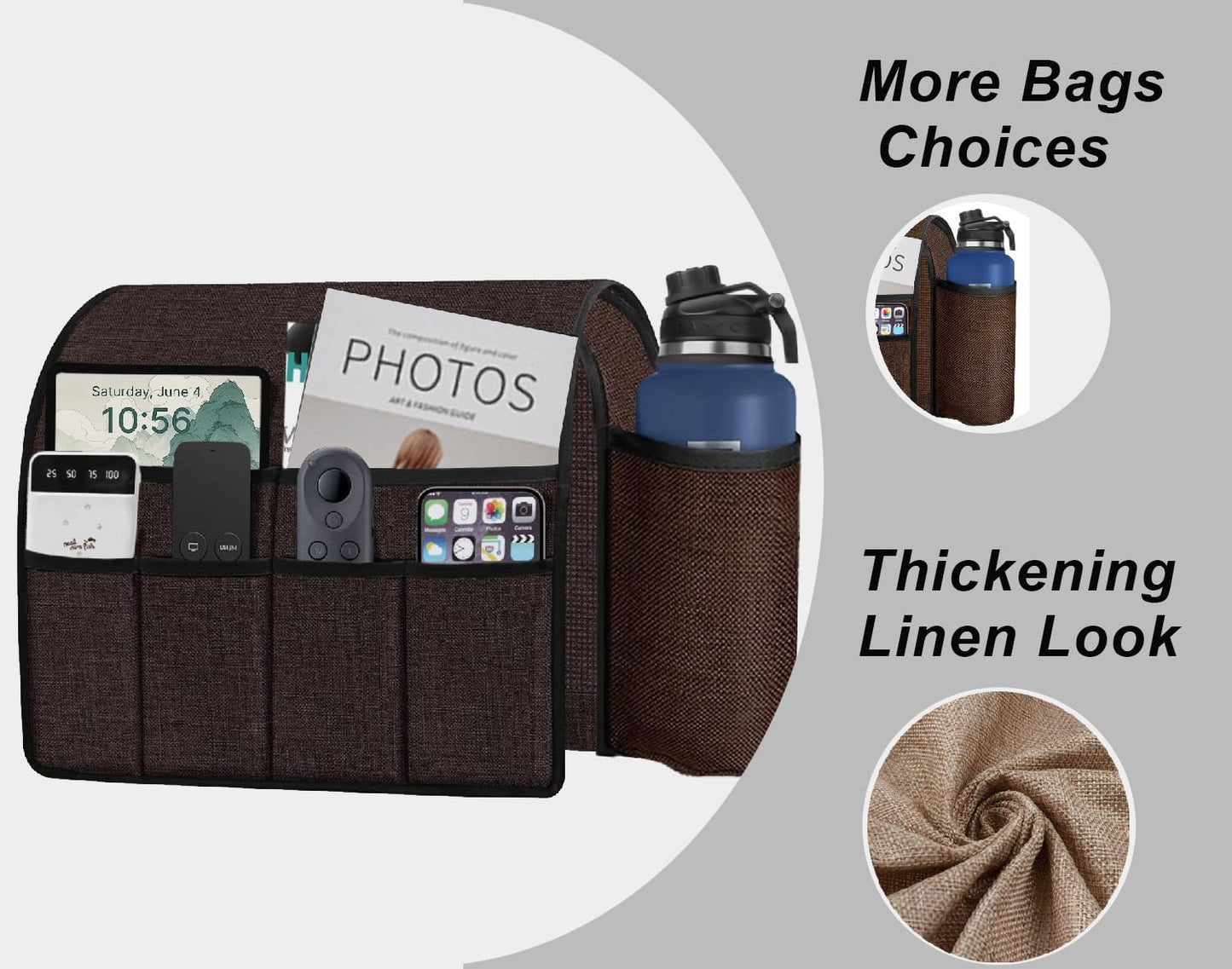Ntomtuex Sofa Armchair Caddy Remote Control Holder with Water Bottle for Couch Recliner, Armrest Organizer with 7-Pocket Design for Magazines, Eyeglasses, iPad, Phone, Dark Grey