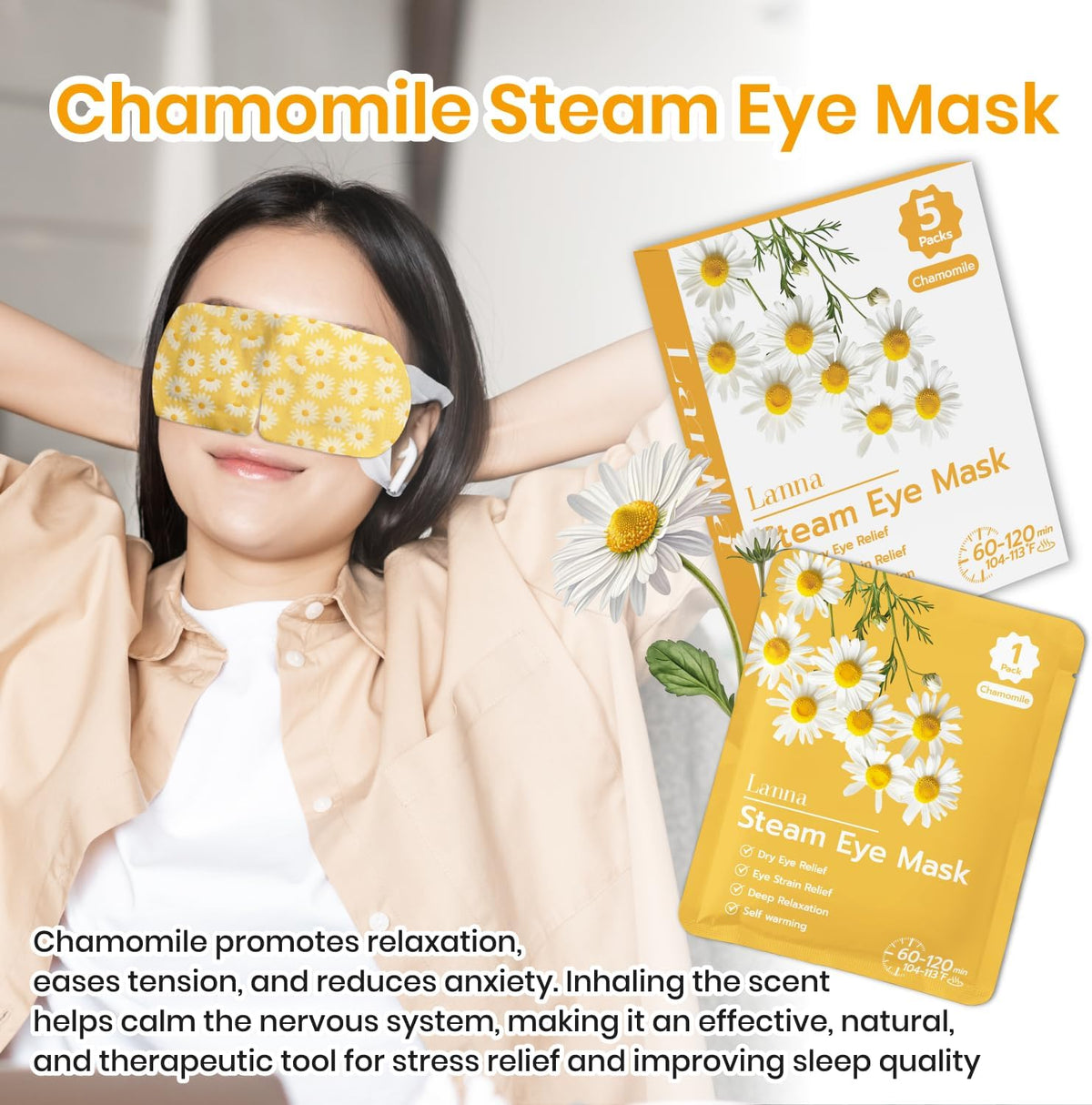 LANNA Heated Steam Eye Mask, Disposable 120 Minutes, Lavender Scent, 5 Pcs