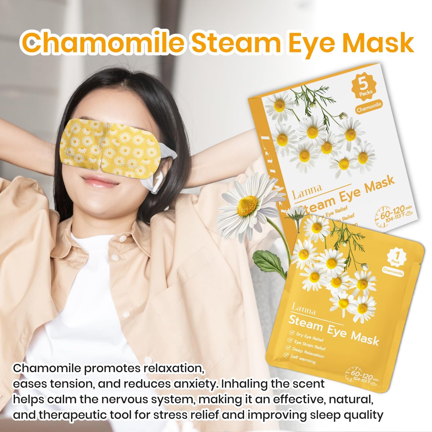 LANNA Heated Steam Eye Mask, Disposable 120 Minutes, Lavender Scent, 5 Pcs | Great for Sleep & Spa Relaxation, Self Heating Warm Compress for Dry & Puffy Eyes Long Lasting Heated Eye Mask for Stye Eyes