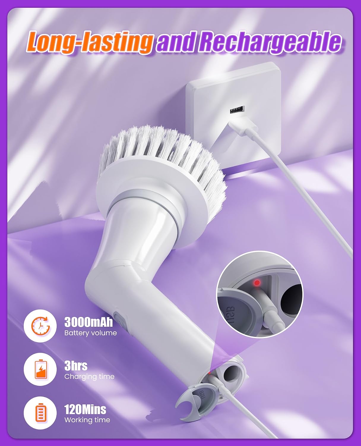 Cordless Electric Spin Scrubber, 8-in-1 Bathroom Cleaner | Bathroom scrubber, LED display, dual speeds, IPX7 waterproof, interchangeable heads for grout, tub, shower, wet-dry vacuum
