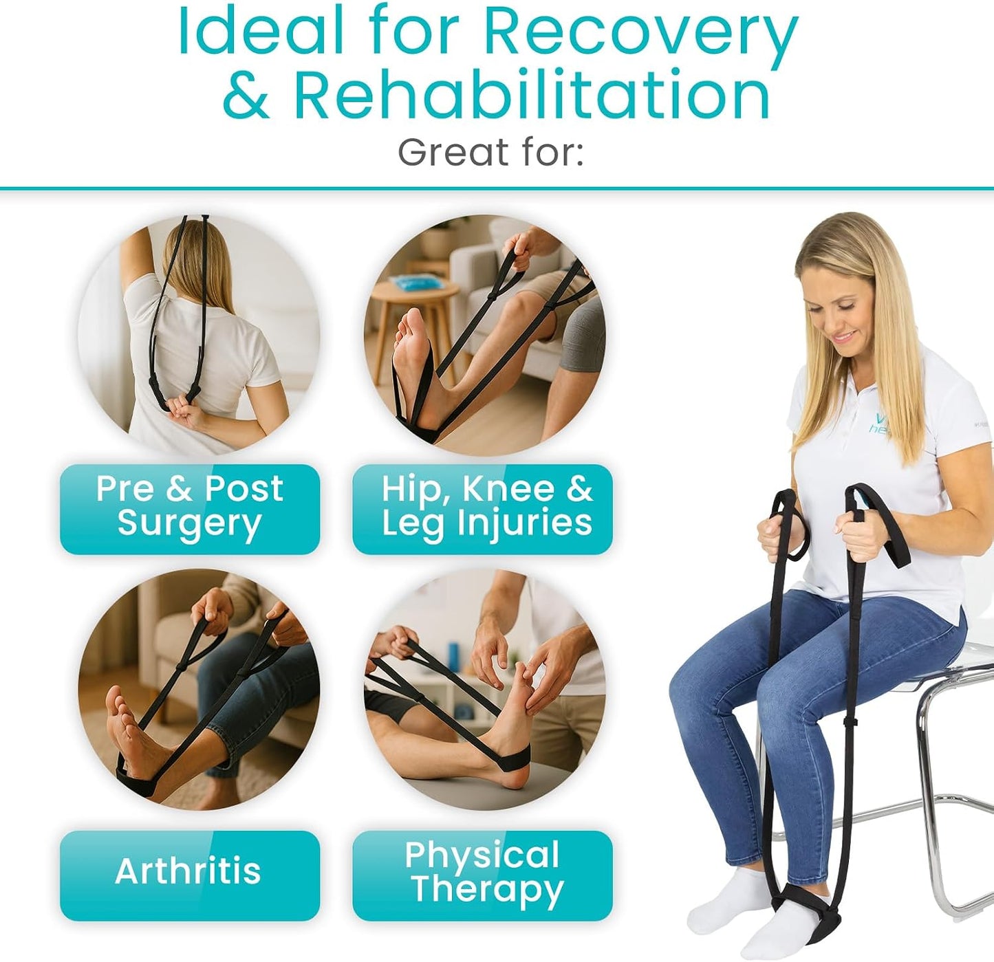 Vive Leg Lifter Strap - Leg Raise Stretch Strap w/Loop for Physical | Therapy, Elderly - Doesn't Strain Knee, Thigh, & Hip Like Other Leg Lifters - Hamstring Stretcher After Surgery, Bed Foot