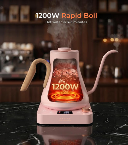 Epeios Electric Kettle, Gooseneck Electric Kettle with ±1°F Temperature Control, 1200W Rapid Heating for Pour Over Coffee & Tea, 304 Stainless Steel Interior, Auto Shut-Off, 0.9L, Black | Rapid Heating, Precision Pour-Over for Coffee & Tea,Smart Hot