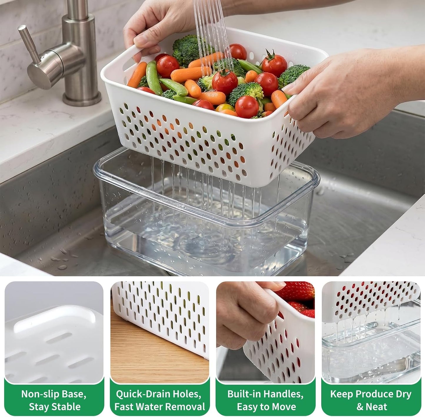 Vegetable Containers for Fridge, Stay Fresh Fruit Vegetable Storage Containers with Lid and Removable Colander, Stackable Vegetable Storage for Berry Salad Lettuce Vegetables Meat Various Food, 3PCS