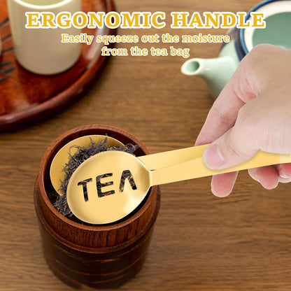 10Pcs Tea Bag Squeezer Tongs, Gold Tea Spoon for Loose Tea, Strainer Tongs Holder Round Tea Bag Clamp, Tea Filter Spoon Clamp Tea Strainer for Gripping Loosing Leaf,Ice cubeand Lemon Slice