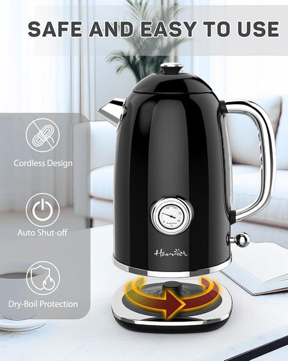 Harriet Electric Kettle, 1.8L Retro Electric Tea Kettle with Thermometer, 1500W Stainless Steel Hot Water Kettle Electric with LED Indicator, Fast Boiling, Cordless, Auto Shut-Off, Yellow