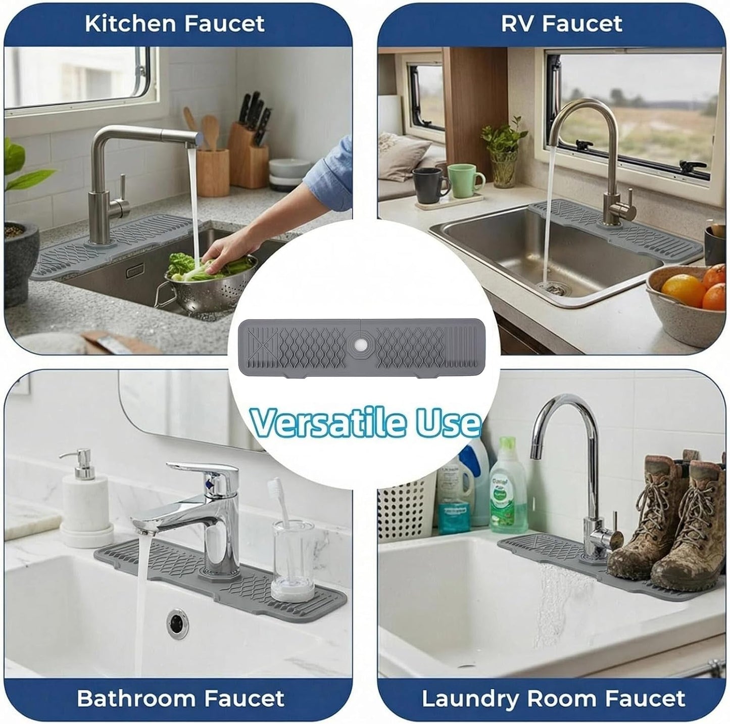 Silicone Faucet Handle Drip Catcher Beveled Drying Tray Mat Dish Soap Sponge Holder Accessories Gadgets for Kitchen Counter Bathroom Kitchen Sink Splash Guard (16.9")