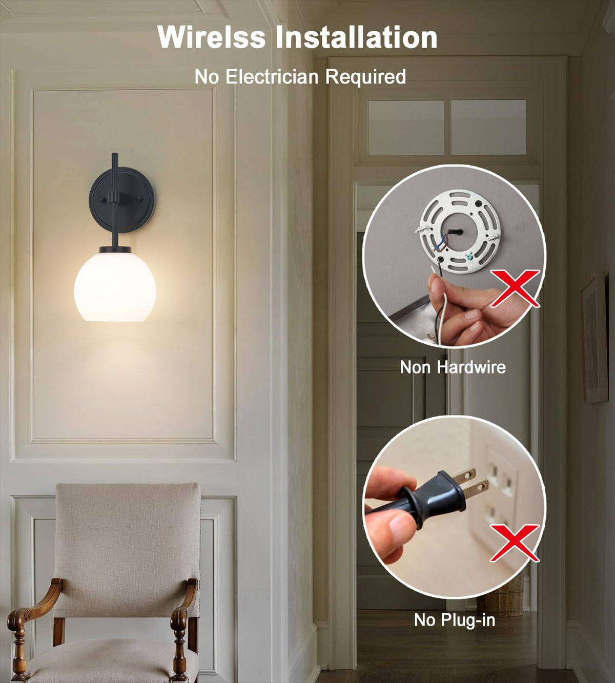 Wireless Wall Sconces with Remote Control, Battery Operated Wall Sconce Set of 2, Black & Gold Rechargeable Dimmable Wall Light for Bedroom Living room Bathroom Hallway Entryway Stairwell, 3000K