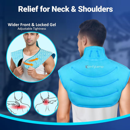 Comfytemp Large Ice Pack for Neck Shoulders Upper Back Pain Relief with Straps, Reusable Gel Ice Wrap Hot Cold Compress Therapy Recovery for Upper Back, Cervical Injuries, Rotator Cuff (Large, Blue)