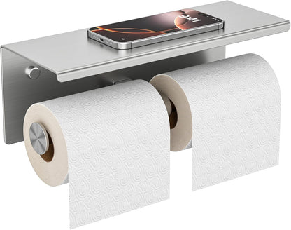FORIOUS Toilet Paper Holder with Shelf, Commercial Toilet Paper Dispensers | Brushed Nickel | Wall Mount Bathroom Tissue Holder | SUS304 Stainless Steel Rustproof | Double Tissue Roll Holder