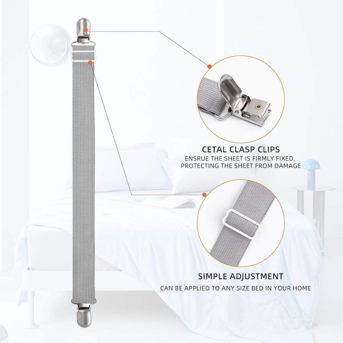 Adjustable Bed Sheet Straps Clips, Elastic Mattress Sheet Fasteners Holder and Suspenders, Grippers to Hold Sheet, Mattress, Sofa, Couch, Table Cloth, Ironing Board Cover, Black