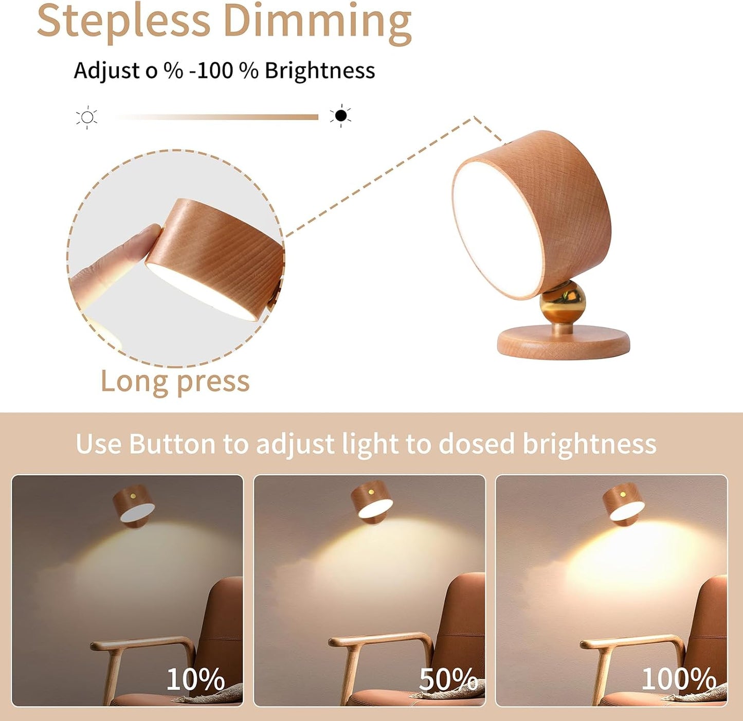 Wooden Wall Sconce 360° Rotatable Magnetic Stick on Bedside- Beech,1 PCS | Wall light self adhesive,dimmable touch control. USB-C port, minimalist style in hallways,closets,desk,reading,ambient
