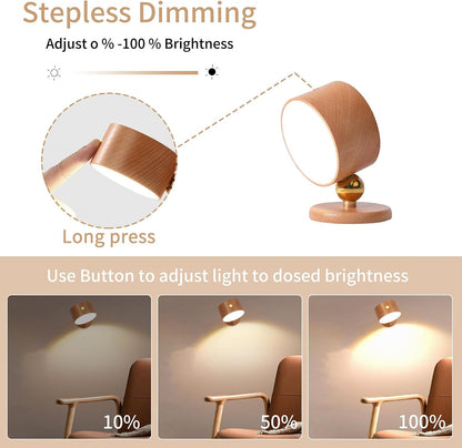 Wooden Wall Sconce 360° Rotatable Magnetic Stick on Bedside- Beech,1 PCS | Wall light self adhesive,dimmable touch control. USB-C port, minimalist style in hallways,closets,desk,reading,ambient