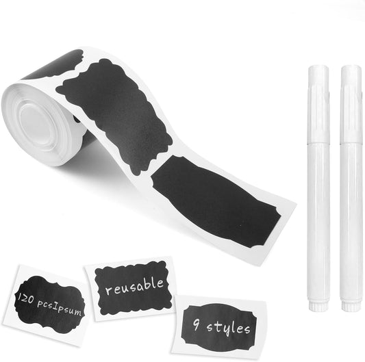 MUWOOB Chalkboard Labels, 120pcs Black Reusable Waterproof Stickers with 2 Erasable White Chalk Markers for Kitchen Pantry, Containers, Mason Jars, Condiments, Food Storage (Rectangle)