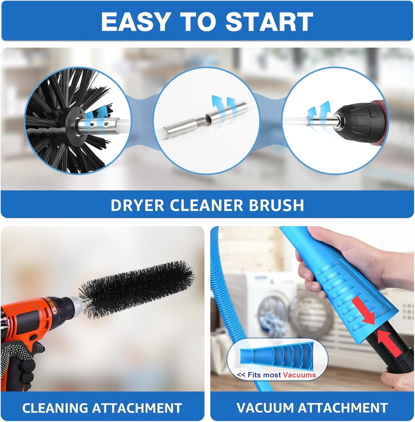 PetOde 22-piece 40-Feet Dryer Vent Cleaner Kit, Dryer Vent Cleaning Kit Lint Remover with Dryer Vent Brush, Vacuum Hose Attachment Cleaning Tools, Flexible Lint Trap Brush, Vacuum & Dryer Adapters | Omnidirectional Blue Dryer Lint Vacuum Attachment &