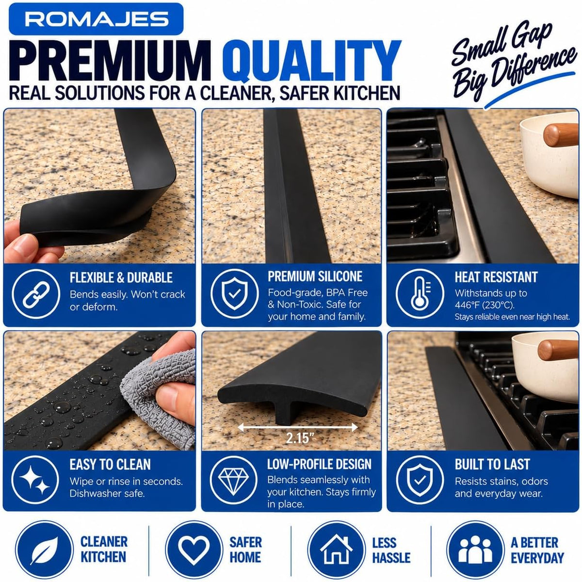 4 Pack Silicone Stove Gap Cover Non Slip 21 Inch Each Black Between Stove and Countertop Heat Resistant Kitchen Counter Gap Filler