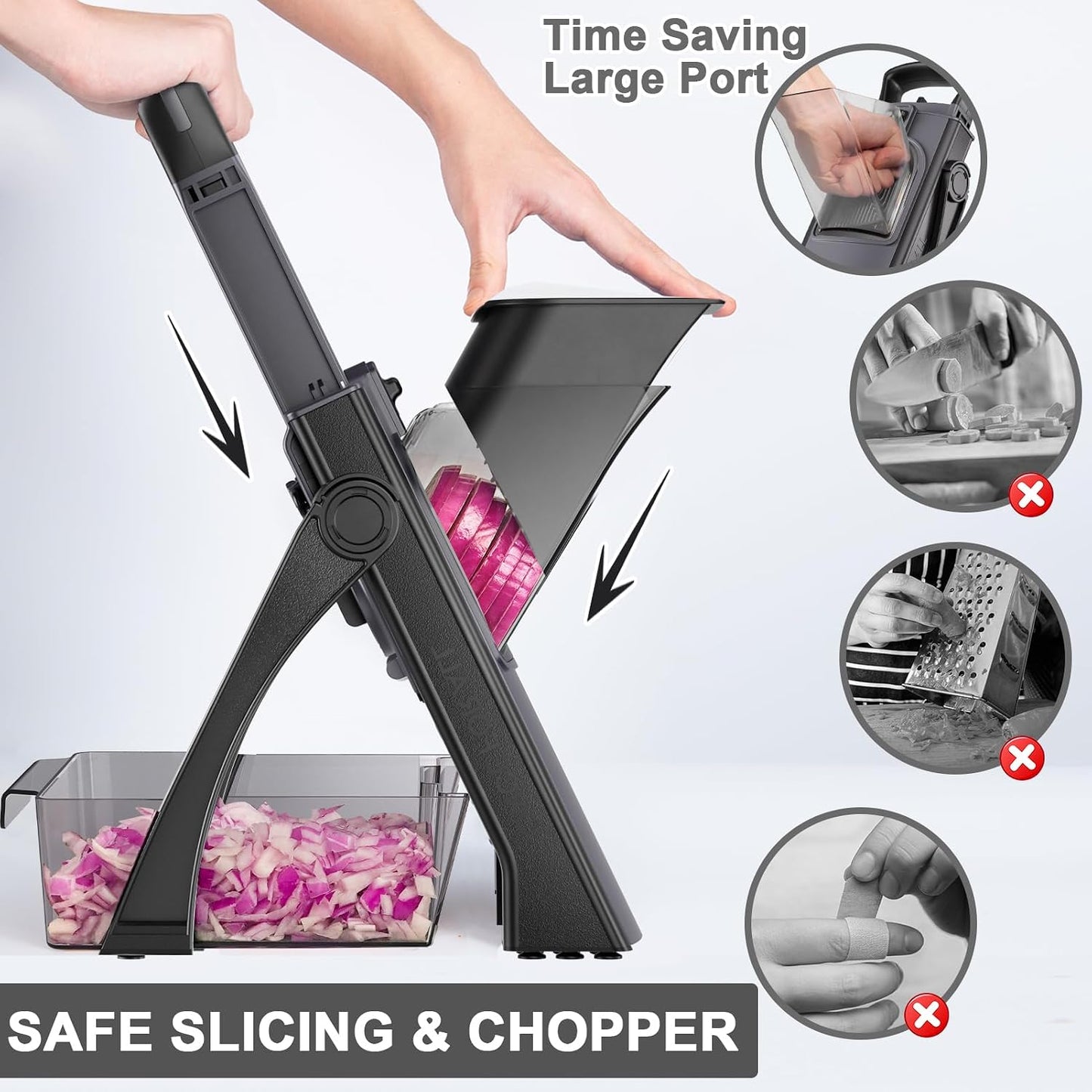 QYKIC Safe Mandoline Slicer Pro for Kitchen, Adjustable Chopper 6 in 1 | Potato Slicer Onion Chopper Fry Cutter Julienne Dicer Large Chute Stainless Steel Blades Detachable Dishwasher Safe Gifts