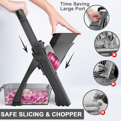 QYKIC Safe Mandoline Slicer Pro for Kitchen, Adjustable Chopper 6 in 1 | Potato Slicer Onion Chopper Fry Cutter Julienne Dicer Large Chute Stainless Steel Blades Detachable Dishwasher Safe Gifts
