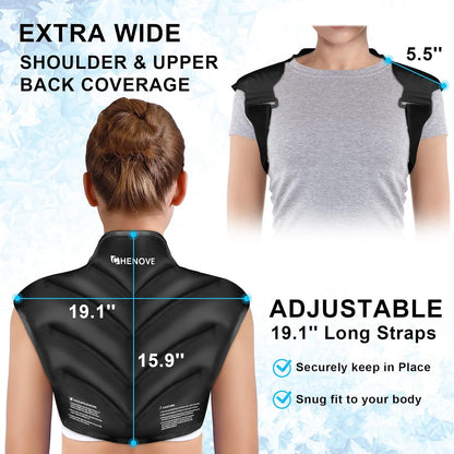 Chenove Ice Pack for Shoulders Upper Back with Strap, Neck and Shoulder Ice Pack Wrap Rotator Cuff Gel Reusable with Cold Compression Therapy, Soreness (Black)