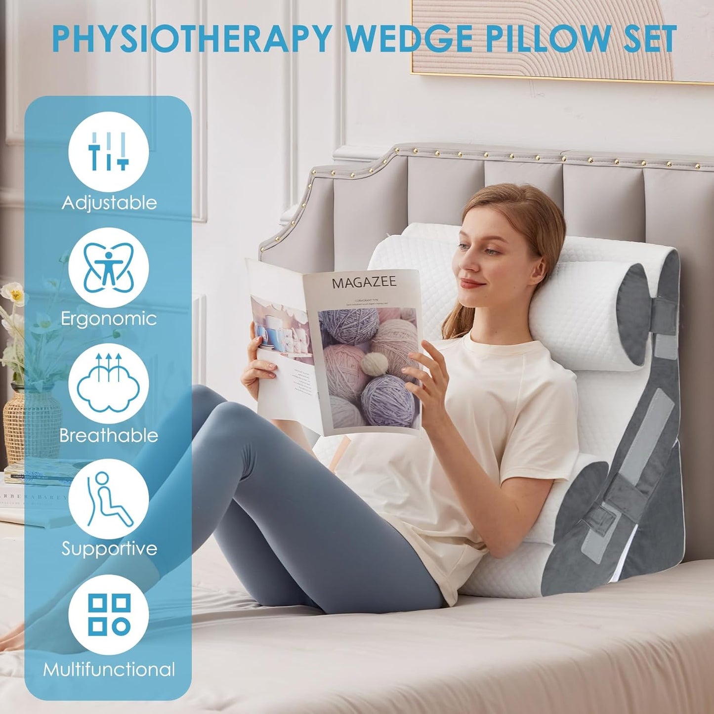 MEGCXIT 3PCS Bed Wedge Pillow for Headboard, Adjustable Wedge Pillow for Sleep Apnea, 23” Wide Triangle Pillow Wedge Set for After Surgery, Acid Reflux Relief, Snoring, Neck&Back Support, White/Grey