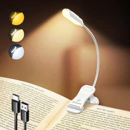 Glocusent Willow Book Light for Reading in Bed, 10 LED Bright Reading Light | 3 Colors & 3 Brightness, Rechargeable, 80Hrs, Lightweight, Clip on, Christmas Stocking Stuffers, Gifts, Book Lovers, Reader