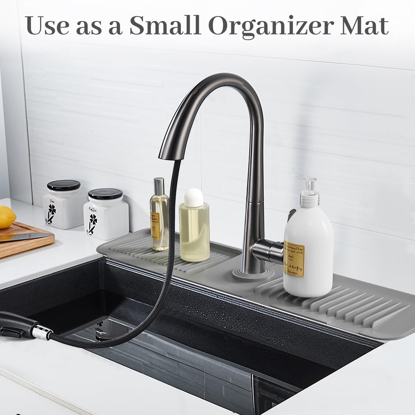 PoYang 23.6 Inch Silicone Sink Splash Guard, Kitchen Sink Mat, Light Grey | Faucet Mat with Wide Drainage & Cuttable Hole, Keeps Faucet Base Dry, Long & Short Sink Protectors for Kitchen, Bathroom & RV