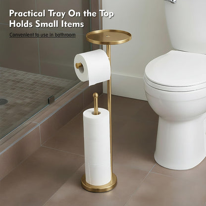 Gold Toilet Paper Holder with Shelf, Tissue Roll Holder Stand with Storage for Holding Extra 4 Toilet Paper Rolls, Stainless Steel Rustproof Freestanding (Brushed Gold)