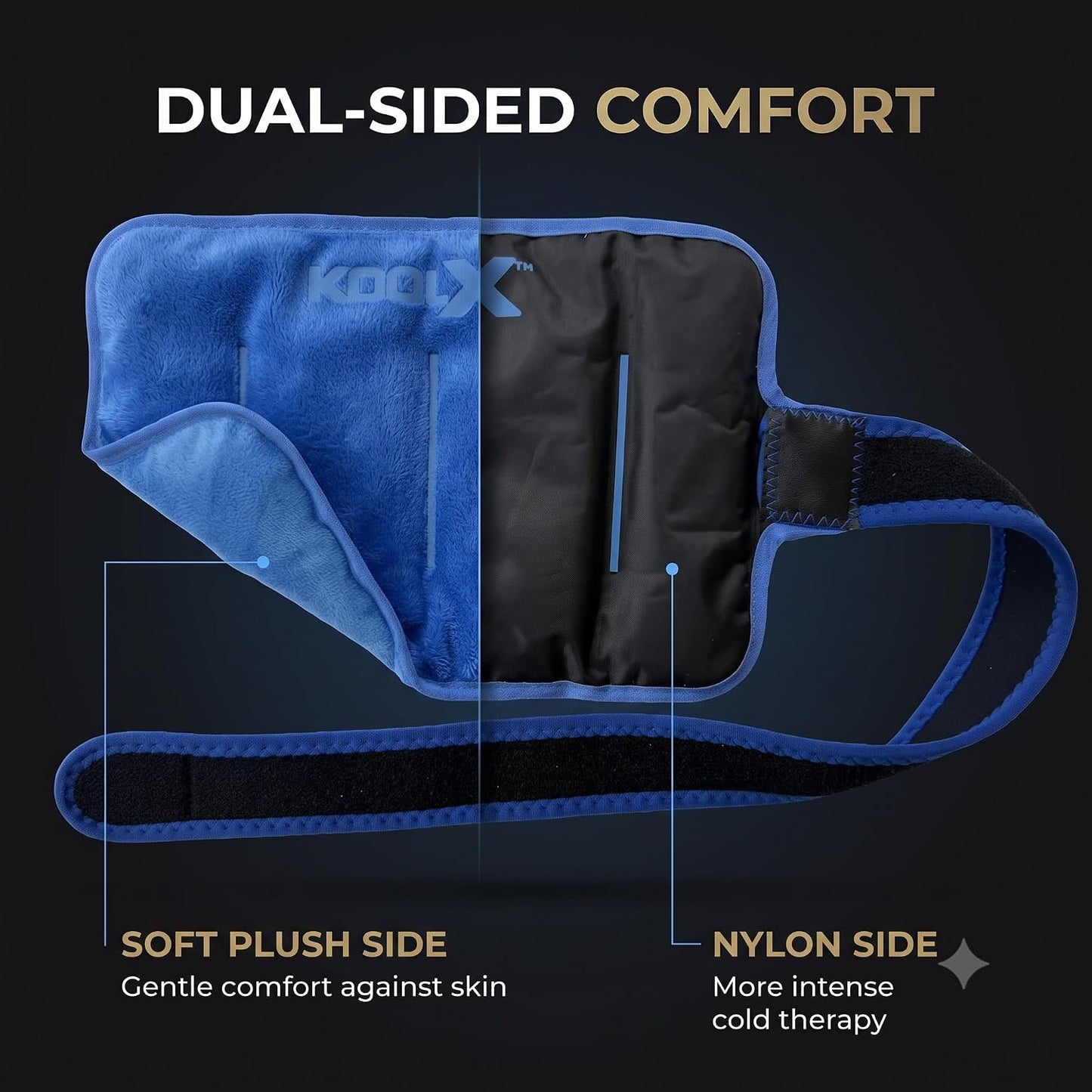 2 Pack KoolX Premium Gel Ice Packs for Injuries Reusable, Flexible Cold Wraps with Straps, Soft Plush & Nylon Sides, Extension Strap, Ice Pack for Knee, Back, Shoulder, Elbow & Calf - Medium + Large