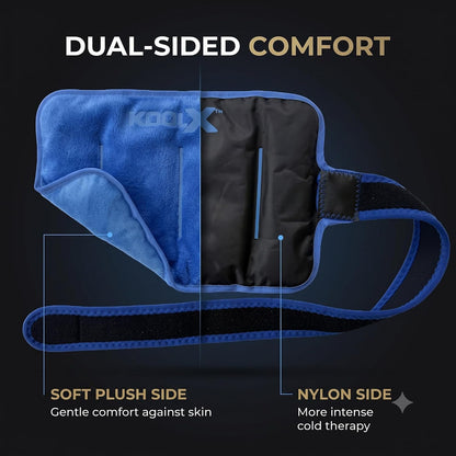 2 Pack KoolX Premium Gel Ice Packs for Injuries Reusable, Flexible Cold Wraps with Straps, Soft Plush & Nylon Sides, Extension Strap, Ice Pack for Knee, Back, Shoulder, Elbow & Calf - Medium + Large