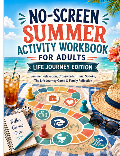 No-Screen Summer Activity Workbook for Adults: Summer Relaxation, Crosswords, Trivia, Sudoku, The Life Journey Game & Family Reflection
