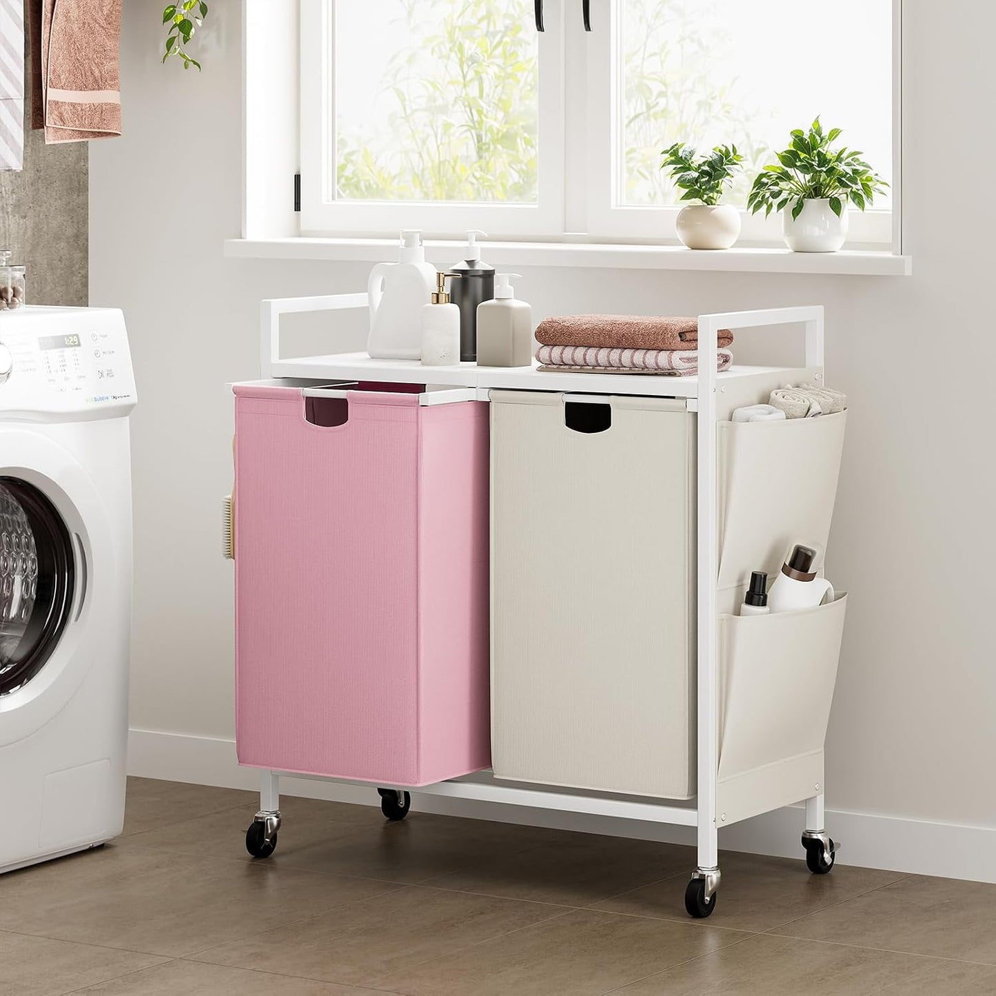 WOWLIVE Double Laundry Hamper with Wheels, Rolling Laundry Basket Organizer | Laundry Hamper 2 section with Lid, Iron-Made Laundry Sorter with Shelf, Removable Bags, Large Clothes Storage, White
