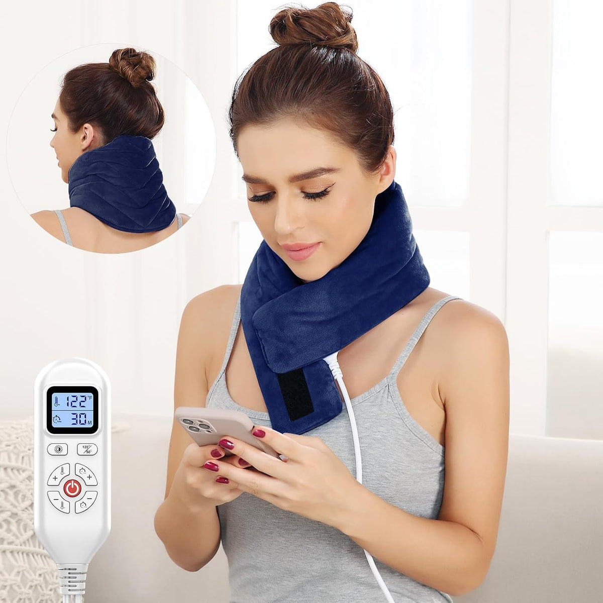 JOBYNA Heating Pad for Neck, Hands-Free Electric Heated Neck Wrap for Pain Relief, 29"×8'' Neck Heat Pad with 8.53ft Power Cord, Auto Shut Off,Size/Temperature/Time Adjustable（Navy）