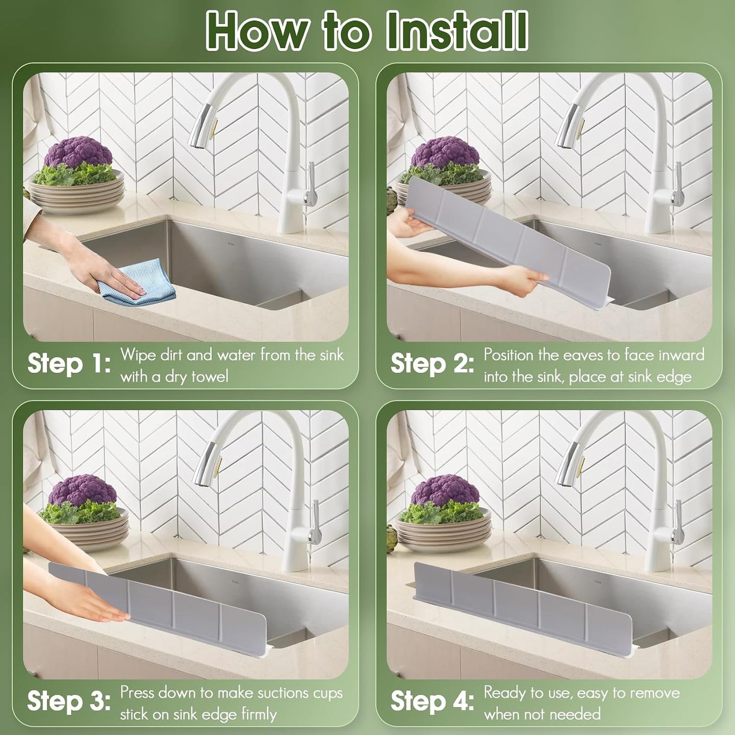 23” Kitchen Sink Splash Guard, OUTFANDIA Silicone Splash Guard with Strong Suction Cups, Flexible Sink Edge Protector for Kitchen/Bathroom, Front/Back Fcaucet, Tool Free to Install