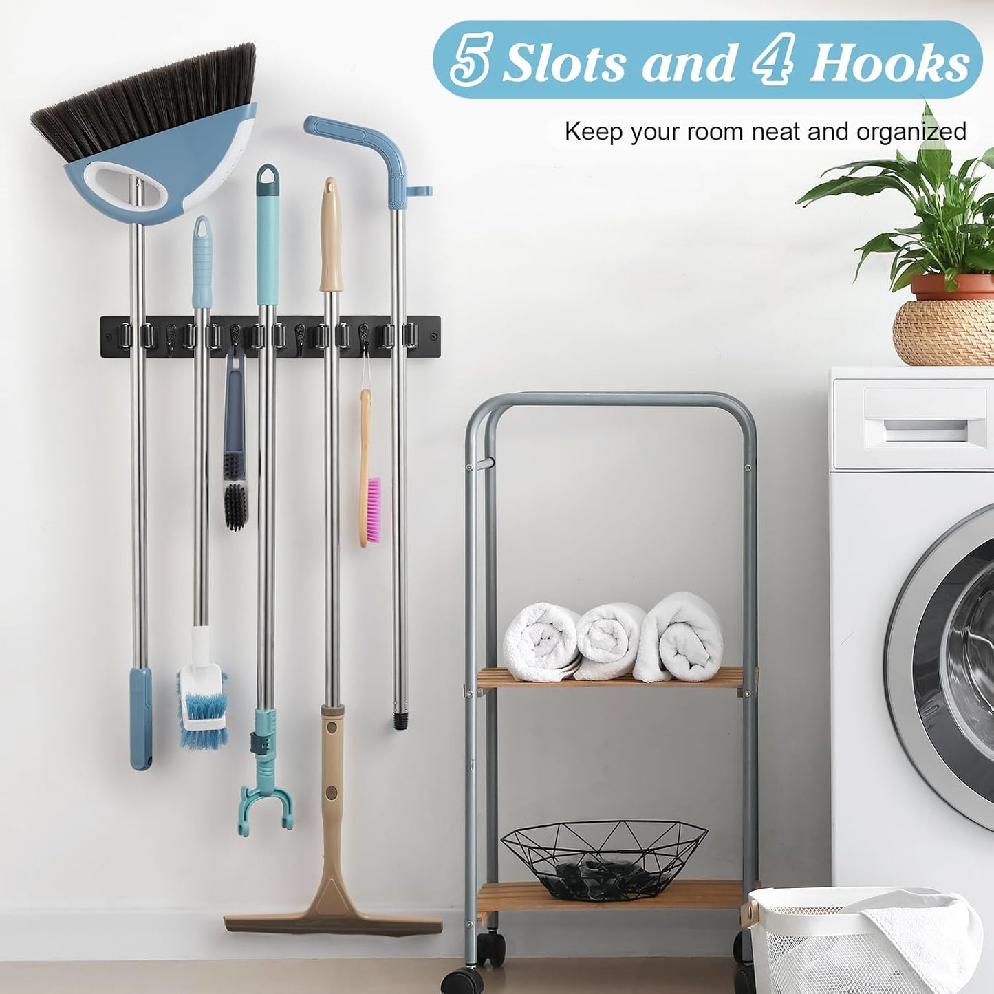 White Broom Holder Wall Mount - Heavy Duty Wood Mop and Broom Organizer with 5 Slots & 4 Hooks - Garden Tool Hanger for Laundry Room Closet Kitchen Garage Storage and Organization - Modern Home Decor