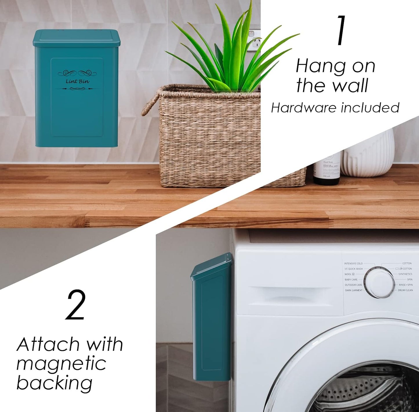 ELITAPRO Lint Holder Bin for Laundry Room - Farmhouse Magnetic Lint Bin with Lid - Wall Mounted Laundry Trash Can for Dryer, Washer - Laundry Room Organization and Storage - Hanging Lint Box (Teal)