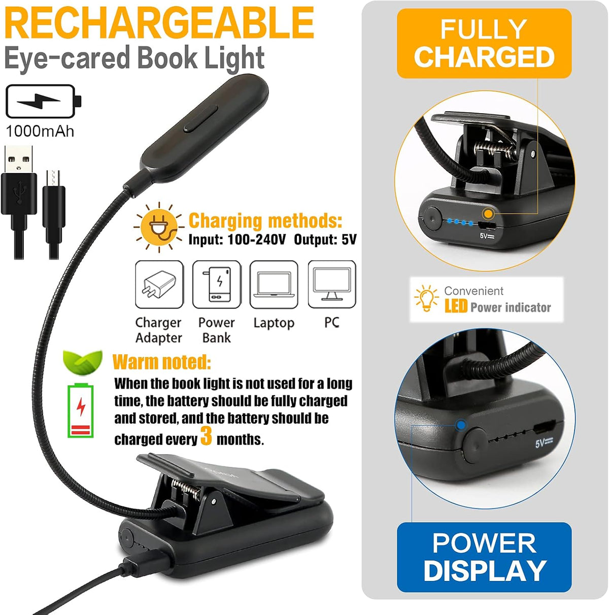 VAVOFO Rechargeable Book Light, Blue Light Blocking, Amber 1600K Clip On Reading Light, Eye Care 7 LEDs Kids Book Light for Reading in Bed with Power Indicator for Bookworms (Neon Orange)