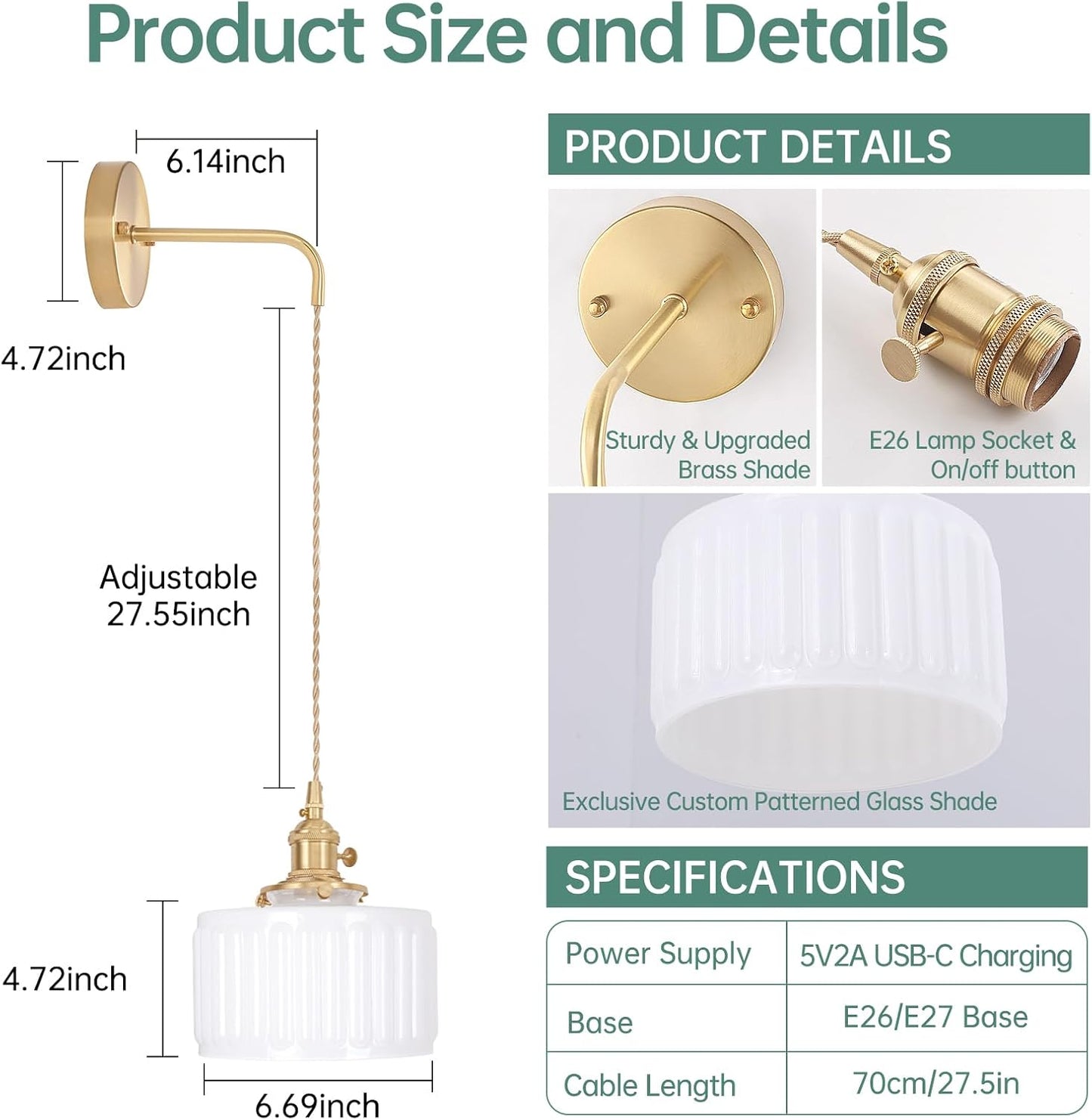 Shenmoyl Battery Operated Wall Sconce with Green Striped Shade Pattern Glass Adjustable Chain Retro Gold Wall Mounted Light, Modern Wall Lamp Fixtures Decor for Bedside Bedroom Indoor Doorway