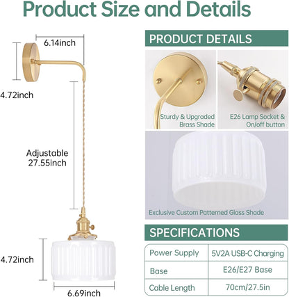 Shenmoyl Battery Operated Wall Sconce with Green Striped Shade Pattern Glass Adjustable Chain Retro Gold Wall Mounted Light, Modern Wall Lamp Fixtures Decor for Bedside Bedroom Indoor Doorway
