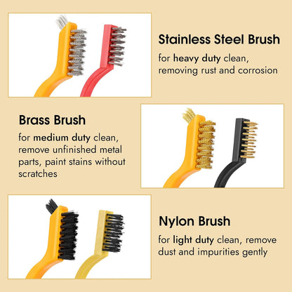 Wire Brush for Cleaning, Small Brass Steel Nylon Brush, Metal Rust Remover | 6 Pcs, Rust/Grease/Paint Removal on Metal/Wood/Grill, Curved Head for Tight Spots, with Hang Hole, Ergonomic Handle, 7 in