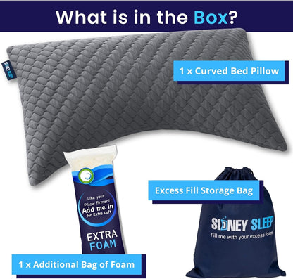 Sidney Sleep Adjustable Curved Pillows for Neck and Shoulder Support with Extra Shredded Fill - Cervical Contour Pillow for Side and Back Sleepers - Queen Size 19" x 29" CertiPUR-US Certified (White)
