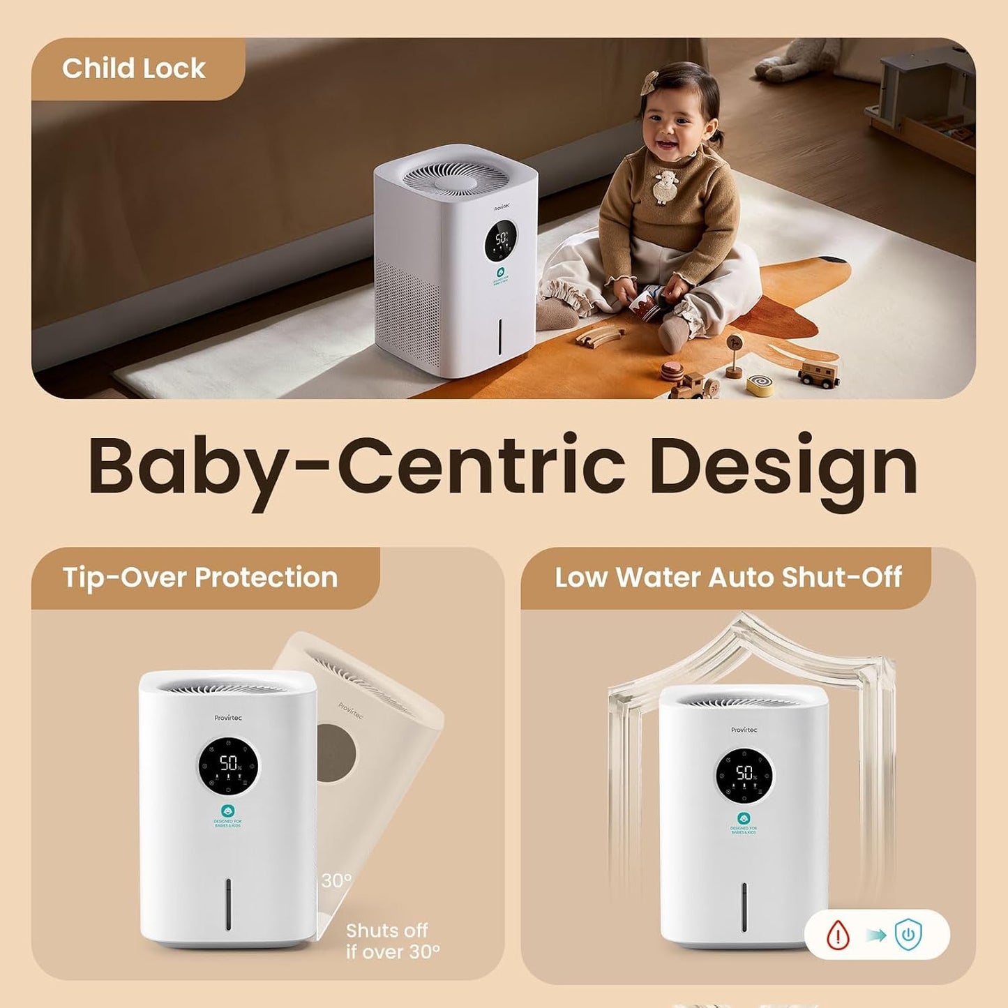 Provirtec Pro Baby Evaporative Humidifier for Bedroom, Easy Clean for Kids | MistFree & No White Dust, 3 Age-Modes, BPA-Free, 16dB Quiet Sleep Mode, Auto Humidity Control, 4L Tap Water Safe for Nursery